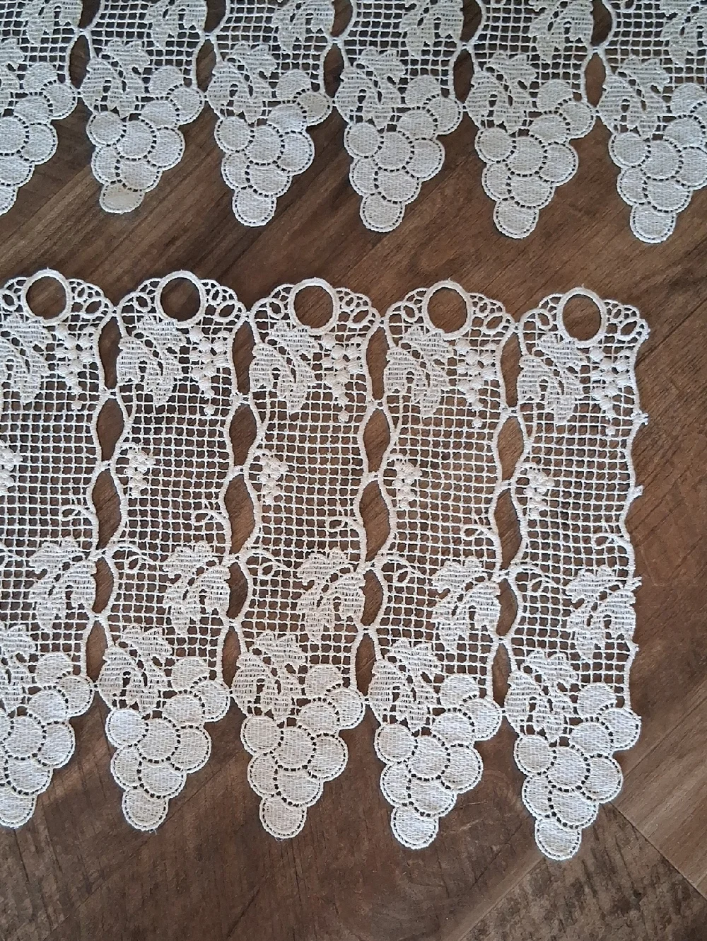 These are Ecru‎ macramé lace valances featuring a grape vine & fruit pattern